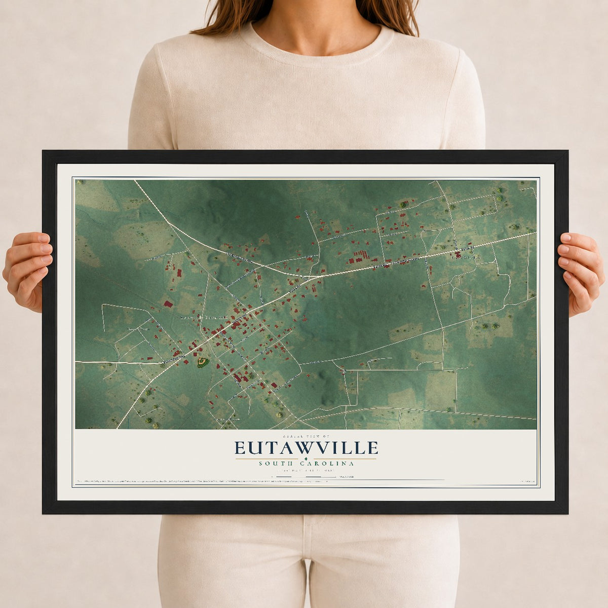 Map of Eutawville, South Carolina, 12 x 18 inch print in a black wood frame