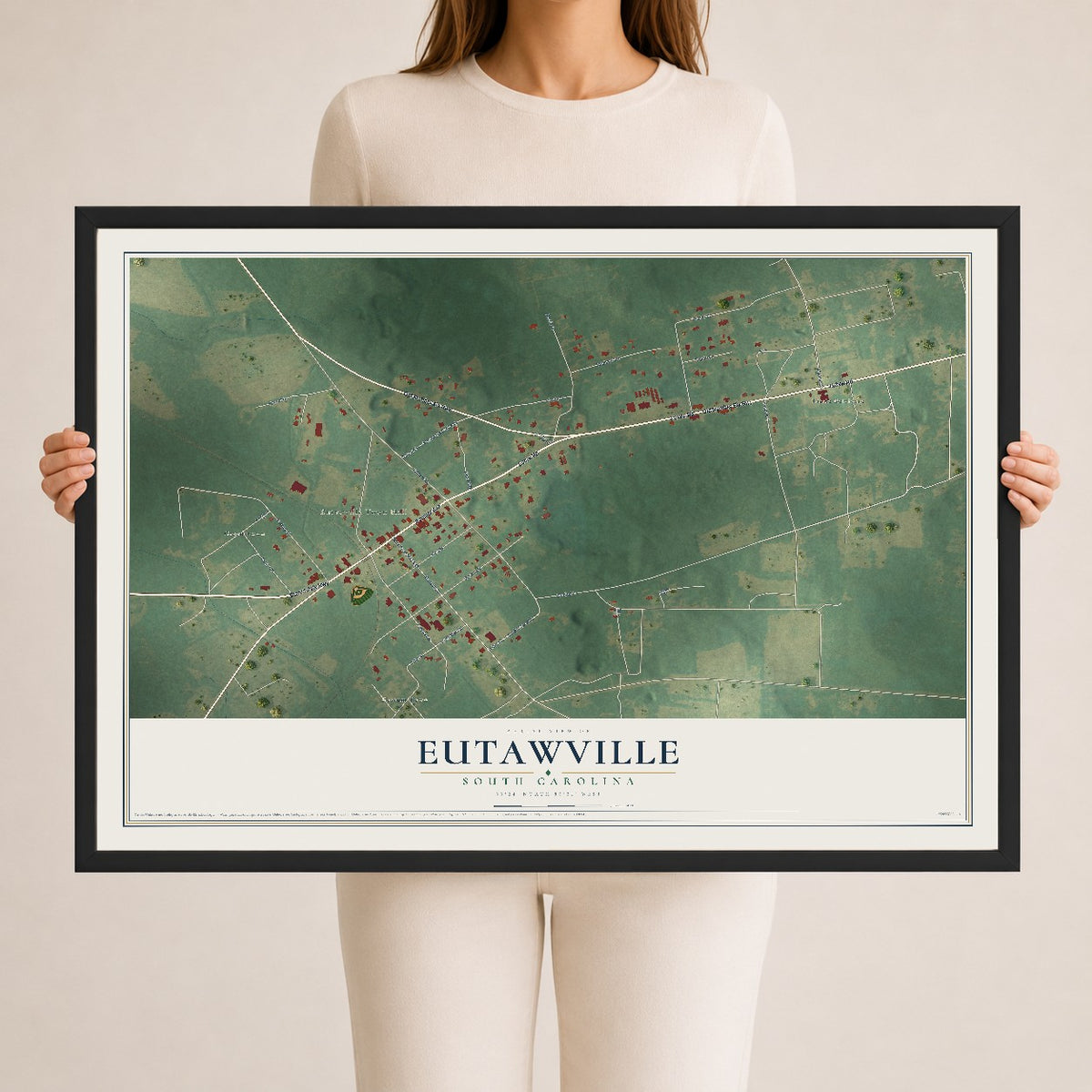 Map of Eutawville, South Carolina, 24 x 36 inch print in a black wood frame