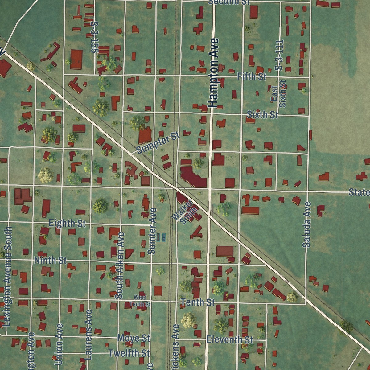Close-up of the map of Fairfax, South Carolina print showing street and building detail