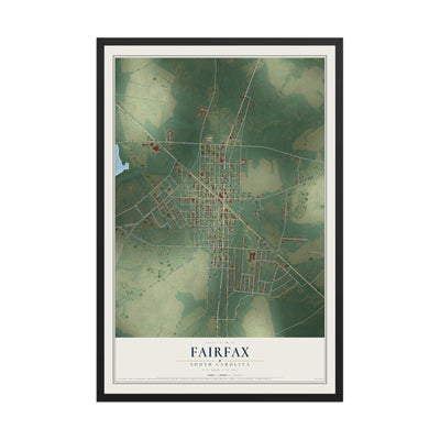 Map of Fairfax, South Carolina, 12 x 18 inch print in a black wood frame