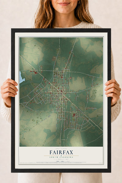 Map of Fairfax, South Carolina, 18 x 24 inch print in a black wood frame