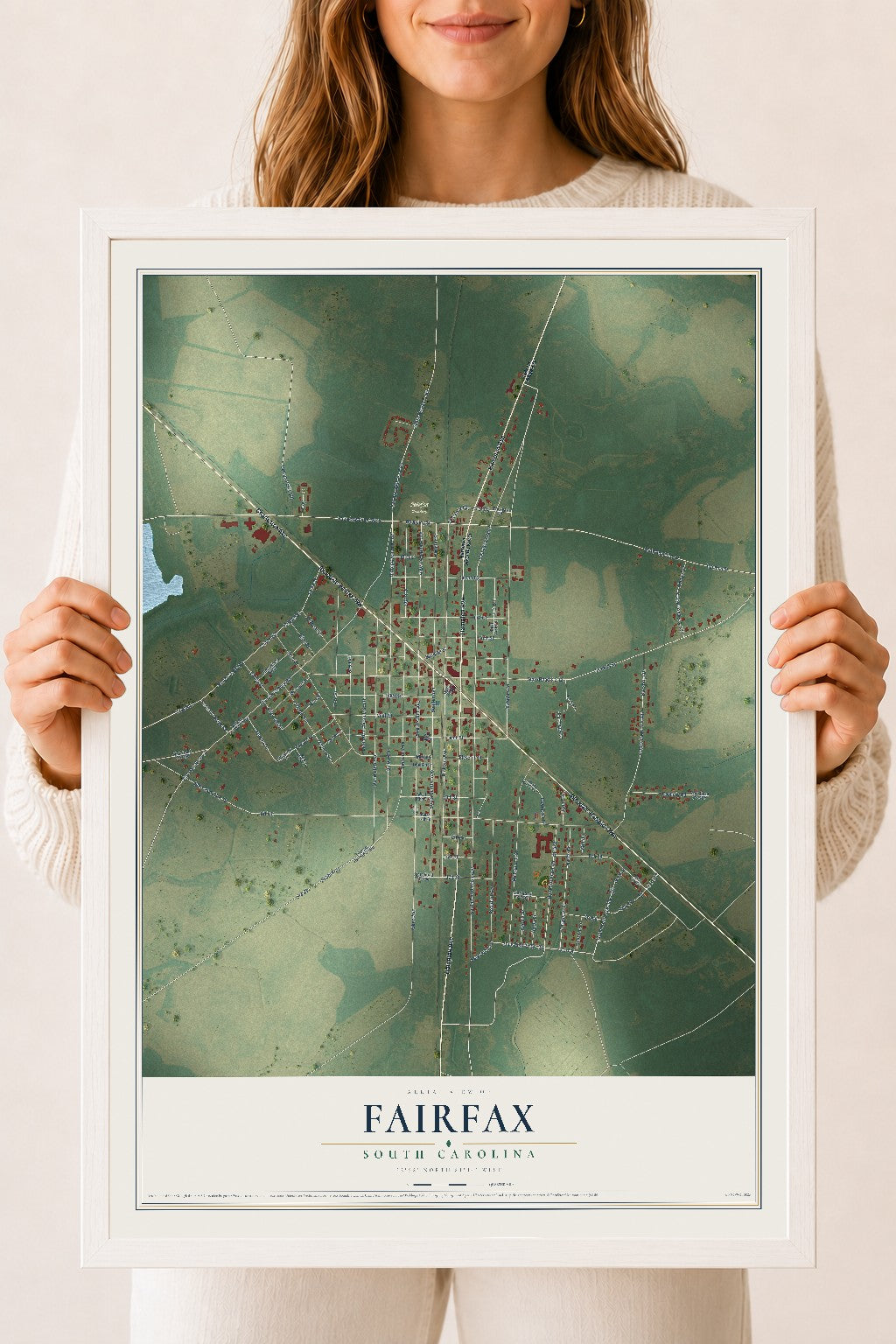 Map of Fairfax, South Carolina, 18 x 24 inch print in a white wood frame