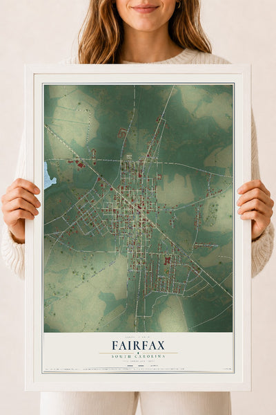 Map of Fairfax, South Carolina, 18 x 24 inch print in a white wood frame