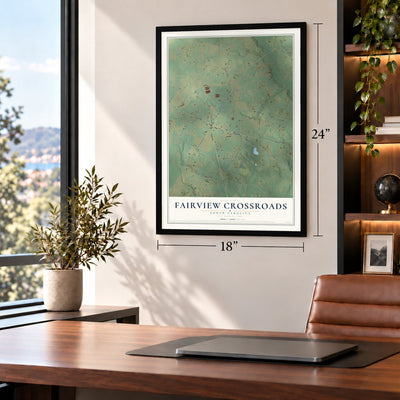 Fairview Crossroads, South Carolina map, 18 x 24 inch print in a black frame in a home office