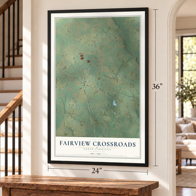 Fairview Crossroads, South Carolina map, 24 x 36 inch print in a black frame by a staircase
