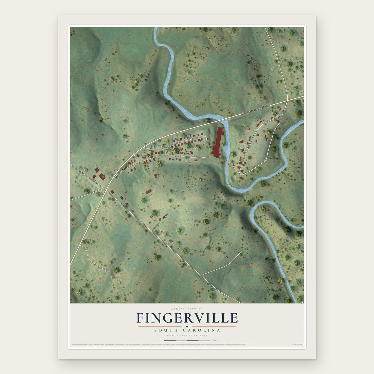 Fingerville, South Carolina map print, the full design