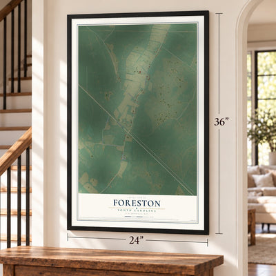 Foreston, South Carolina map, 24 x 36 inch print in a black frame by a staircase