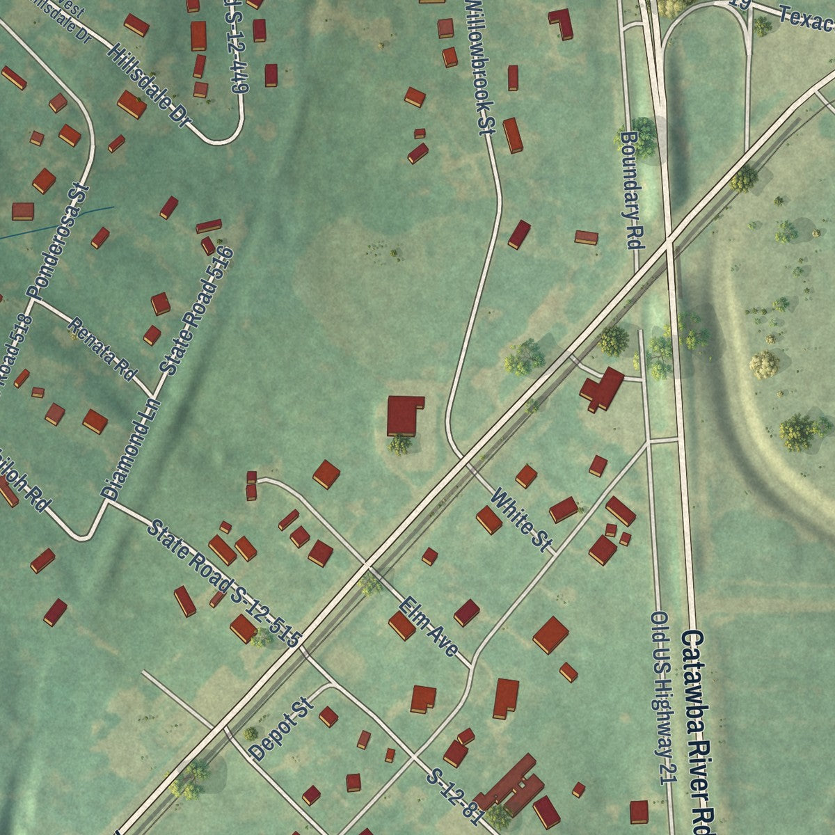 Close-up of the map of Fort Lawn, South Carolina print showing street and building detail