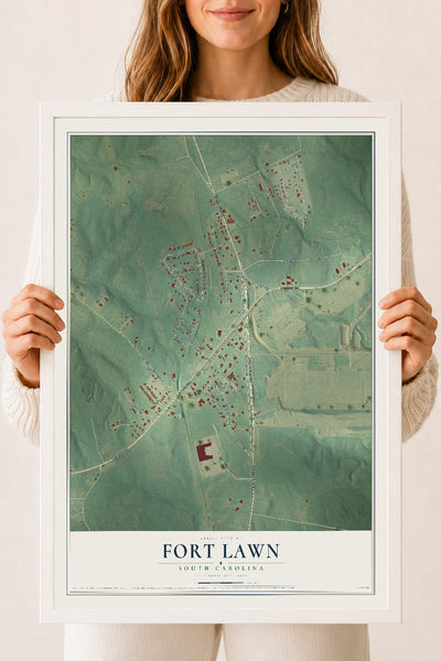 Map of Fort Lawn, South Carolina, 18 x 24 inch print in a white wood frame
