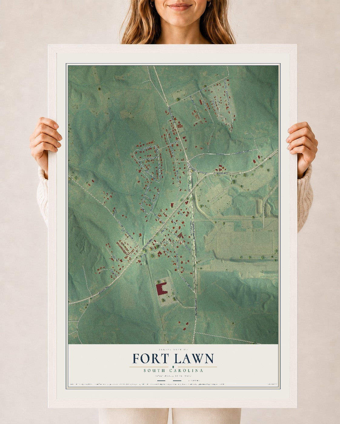 Map of Fort Lawn, South Carolina, 24 x 36 inch print in a white wood frame