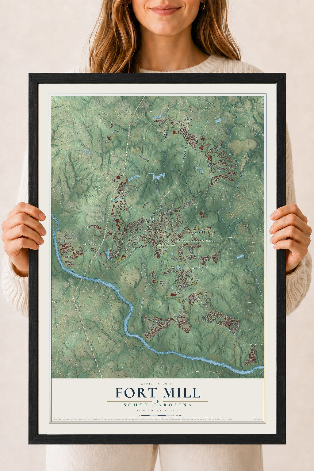 Map of Fort Mill, South Carolina, 18 x 24 inch print in a black wood frame