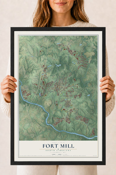 Map of Fort Mill, South Carolina, 18 x 24 inch print in a black wood frame