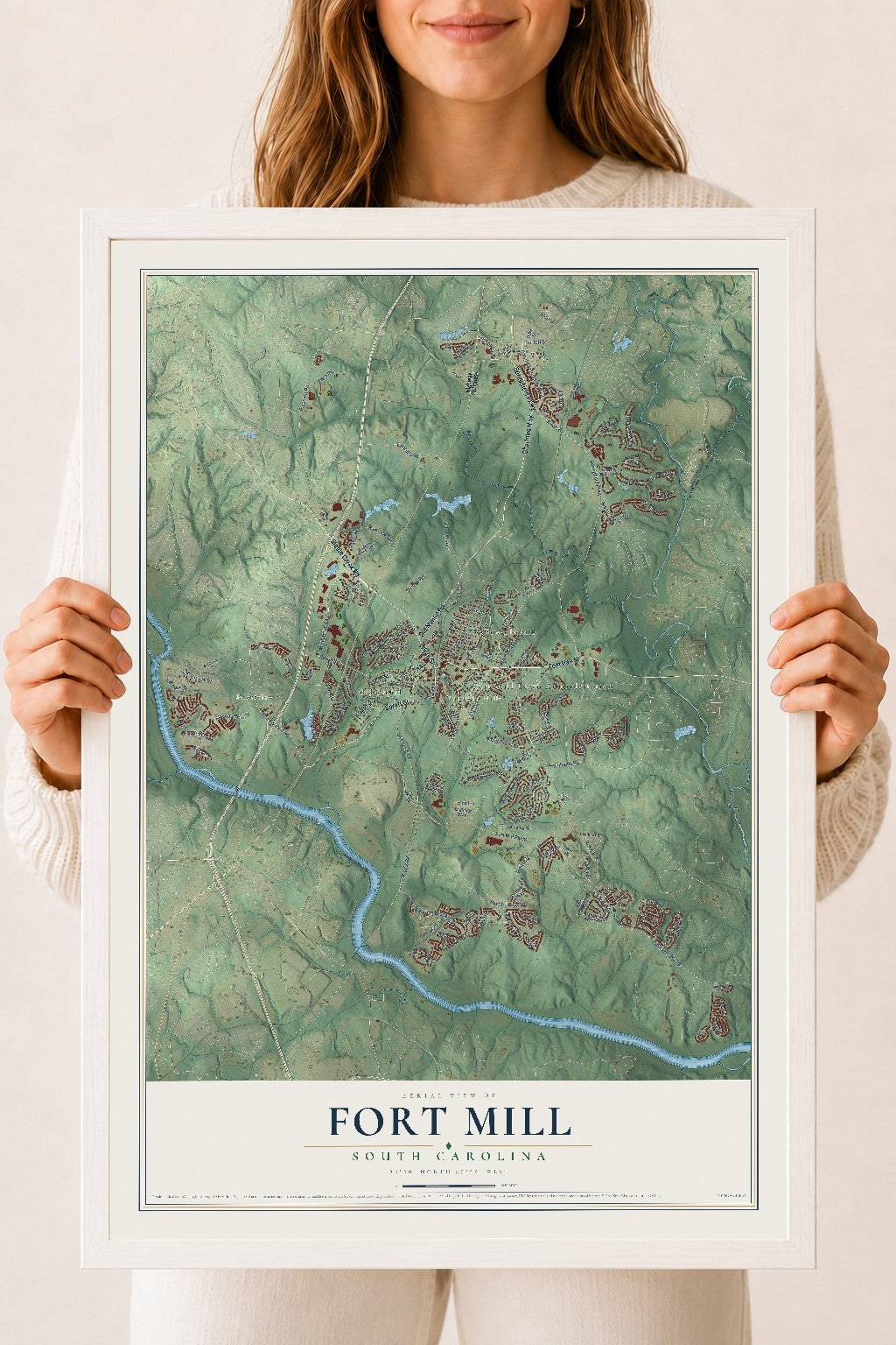 Map of Fort Mill, South Carolina, 18 x 24 inch print in a white wood frame