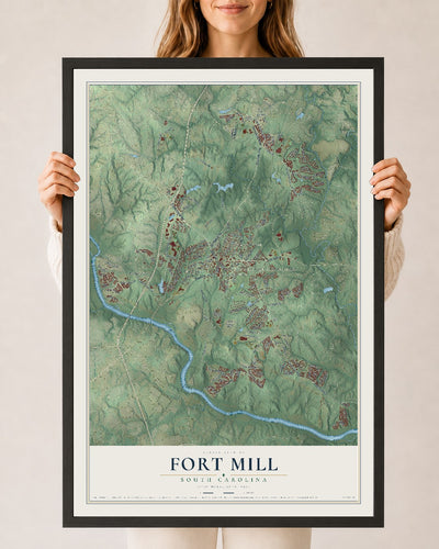 Map of Fort Mill, South Carolina, 24 x 36 inch print in a black wood frame