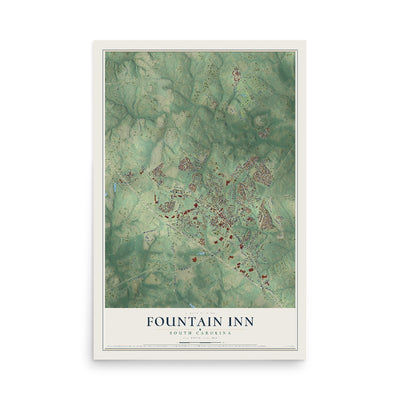 Map of Fountain Inn, South Carolina, 12 x 18 inch unframed archival matte print