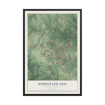 Map of Fountain Inn, South Carolina, 12 x 18 inch print in a black wood frame