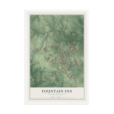 Map of Fountain Inn, South Carolina, 12 x 18 inch print in a white wood frame