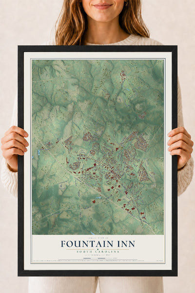 Map of Fountain Inn, South Carolina, 18 x 24 inch print in a black wood frame