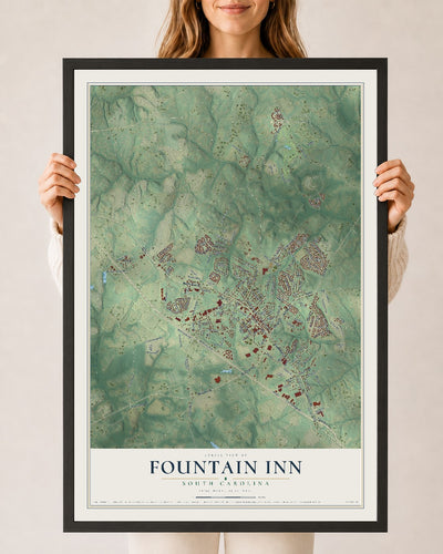 Map of Fountain Inn, South Carolina, 24 x 36 inch print in a black wood frame