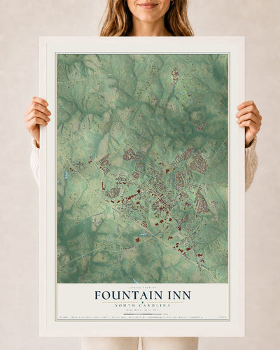 Map of Fountain Inn, South Carolina, 24 x 36 inch print in a white wood frame