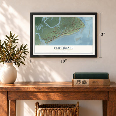 Fripp Island, South Carolina map, 12 x 18 inch print in a black frame in an entryway