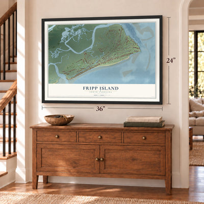 Fripp Island, South Carolina map, 24 x 36 inch print in a black frame above a dresser by a staircase