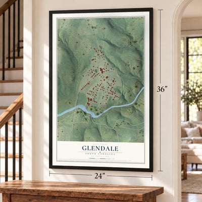 Glendale, South Carolina map, 24 x 36 inch print in a black frame by a staircase