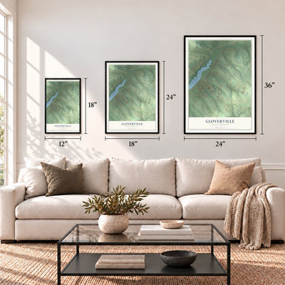Gloverville, South Carolina map in 12 x 18, 18 x 24 and 24 x 36 inch sizes above a sofa