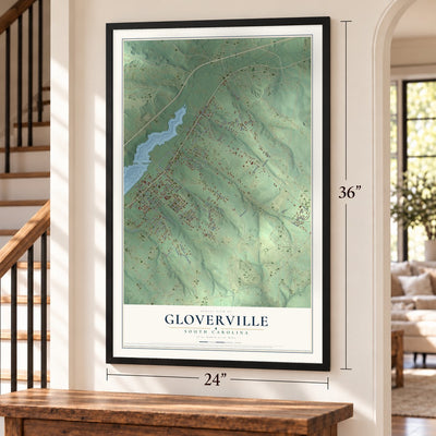 Gloverville, South Carolina map, 24 x 36 inch print in a black frame by a staircase