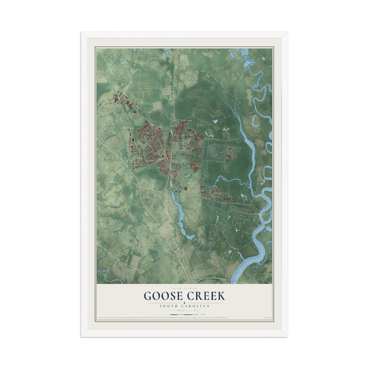 Map of Goose Creek, South Carolina, 12 x 18 inch print in a white wood frame