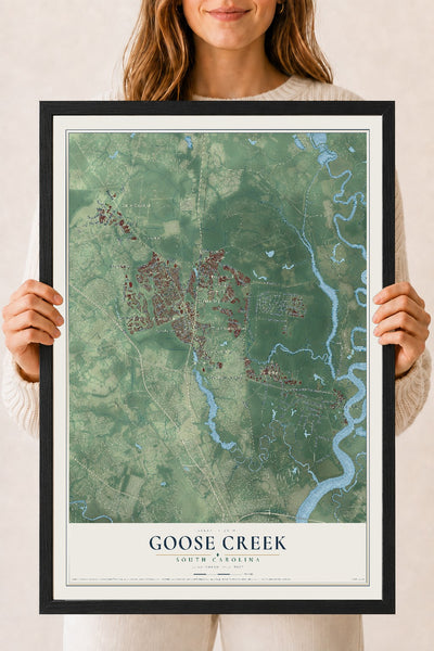 Map of Goose Creek, South Carolina, 18 x 24 inch print in a black wood frame