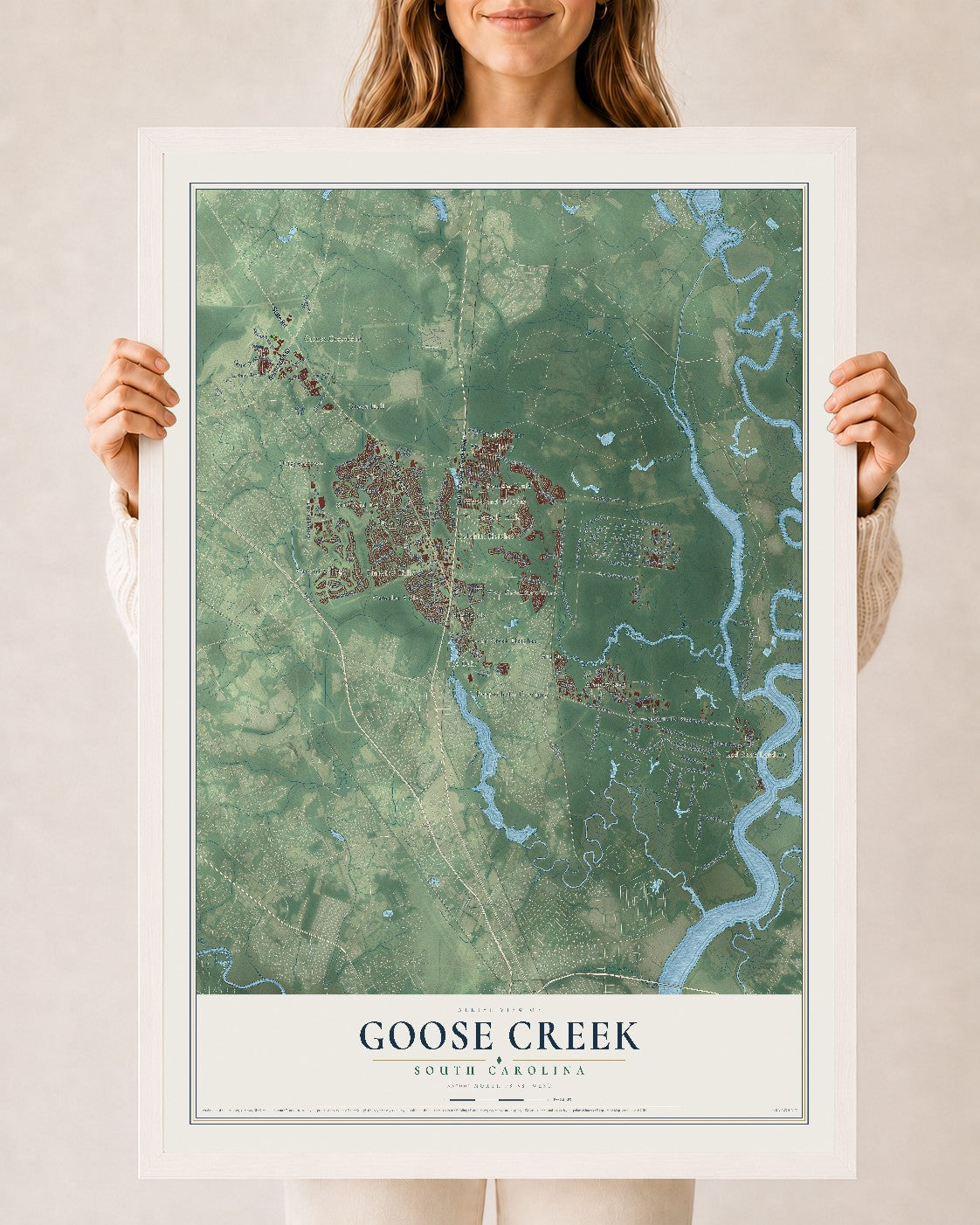 Map of Goose Creek, South Carolina, 24 x 36 inch print in a white wood frame