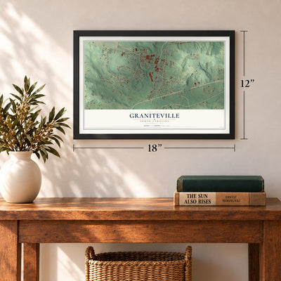 Graniteville, South Carolina map, 12 x 18 inch print in a black frame in an entryway