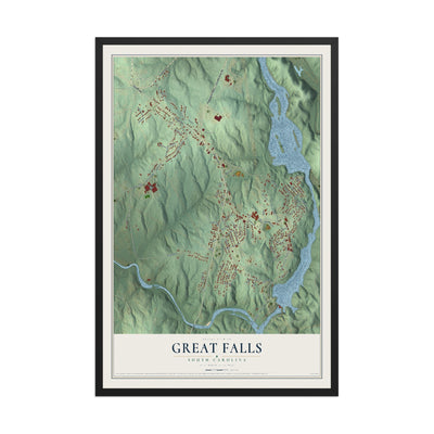 Map of Great Falls, South Carolina, 12 x 18 inch print in a black wood frame