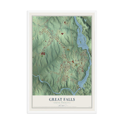 Map of Great Falls, South Carolina, 12 x 18 inch print in a white wood frame