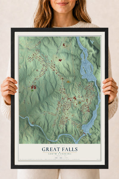 Map of Great Falls, South Carolina, 18 x 24 inch print in a black wood frame