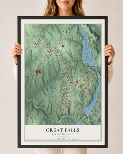 Map of Great Falls, South Carolina, 24 x 36 inch print in a black wood frame
