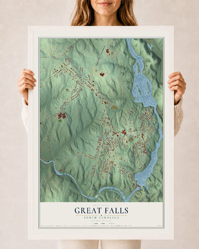 Map of Great Falls, South Carolina, 24 x 36 inch print in a white wood frame
