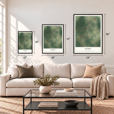 Hamer, South Carolina map in 12 x 18, 18 x 24 and 24 x 36 inch sizes above a sofa