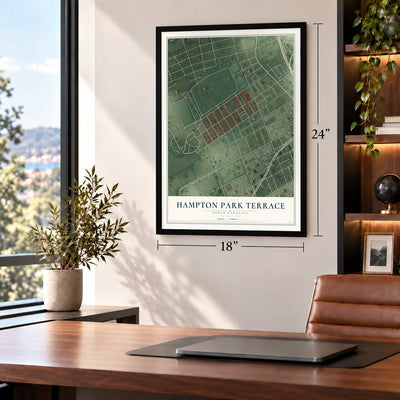 Hampton Park Terrace, South Carolina map, 18 x 24 inch print in a black frame in a home office