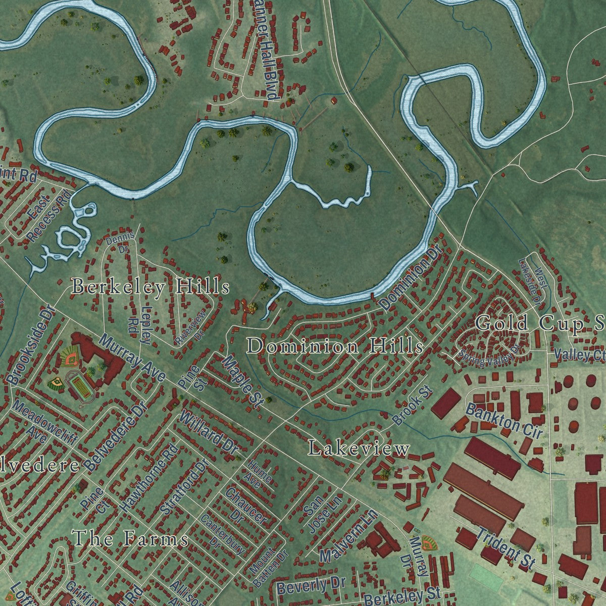 Second close-up of the map of Hanahan, South Carolina print showing more streets and buildings