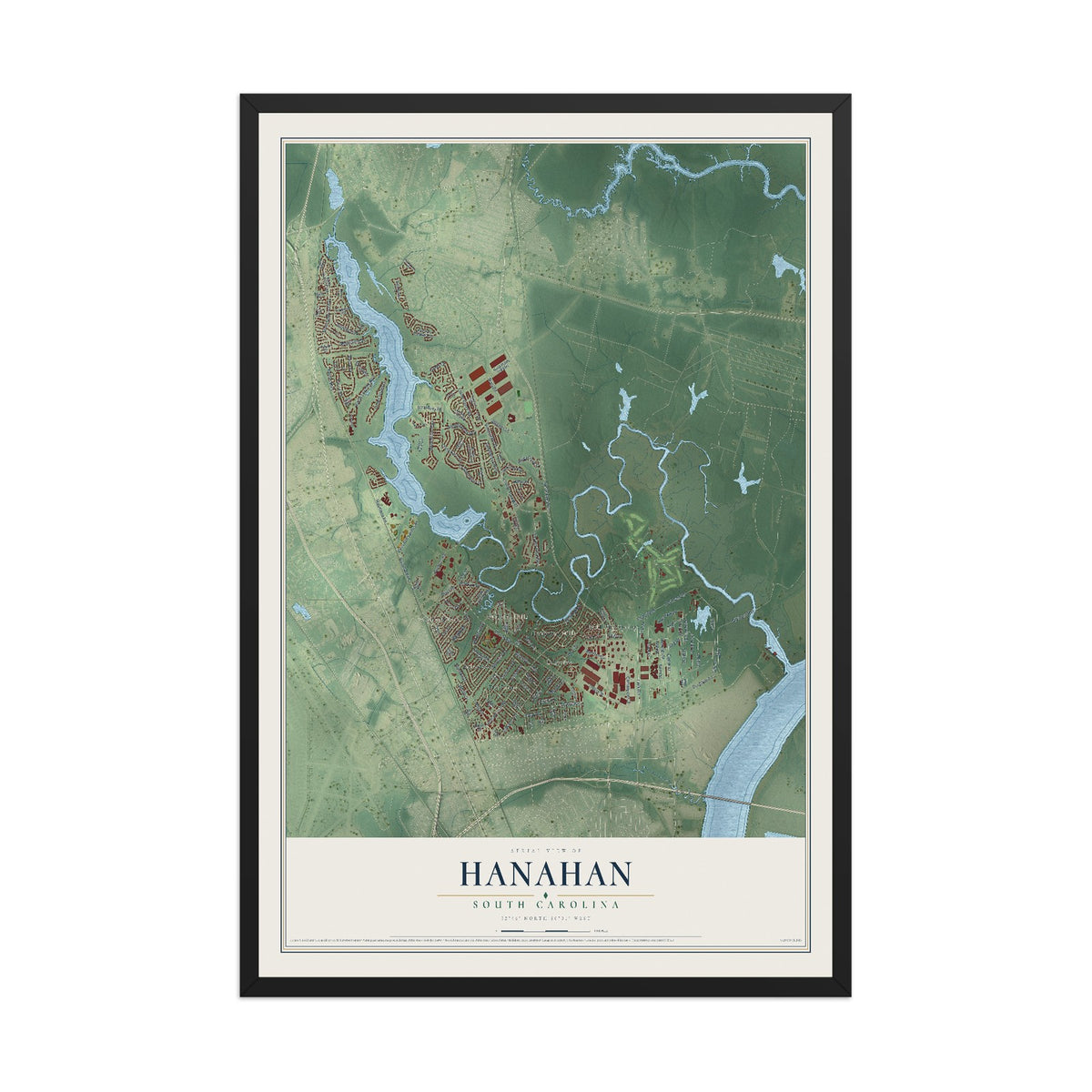 Map of Hanahan, South Carolina, 12 x 18 inch print in a black wood frame