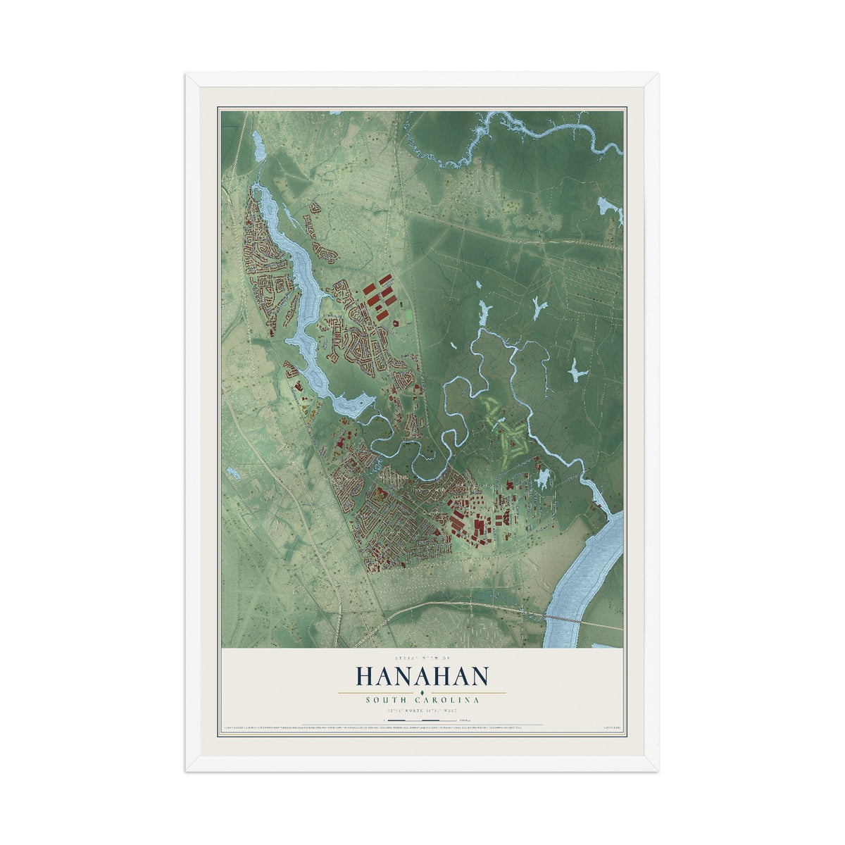 Map of Hanahan, South Carolina, 12 x 18 inch print in a white wood frame
