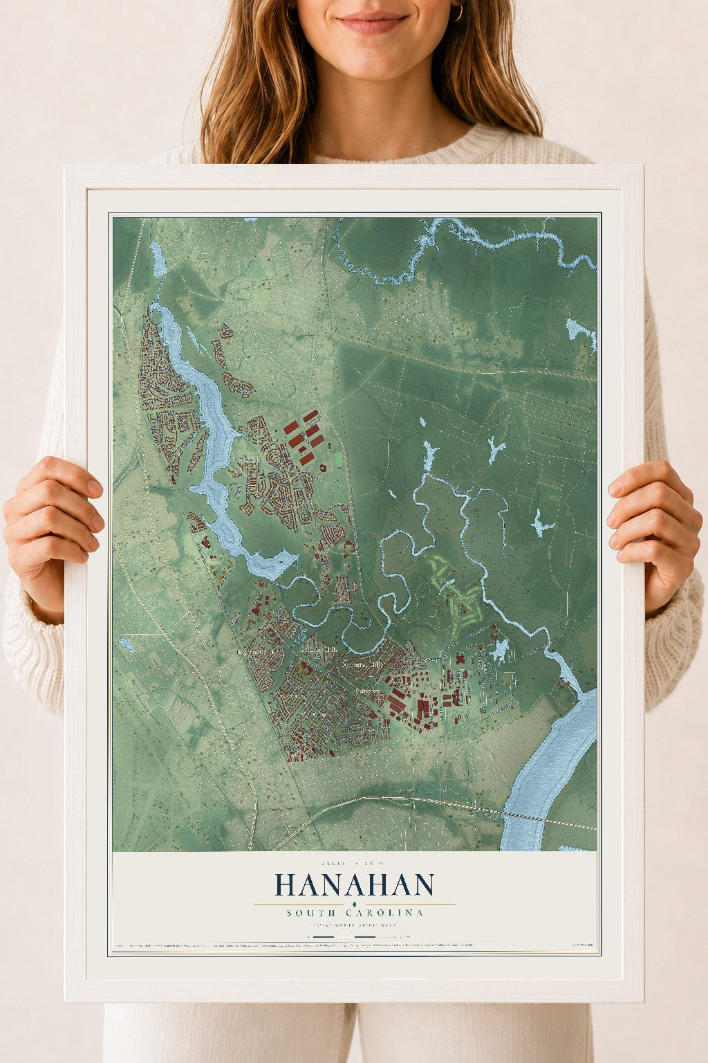 Map of Hanahan, South Carolina, 18 x 24 inch print in a white wood frame