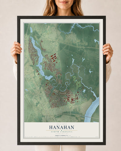 Map of Hanahan, South Carolina, 24 x 36 inch print in a black wood frame