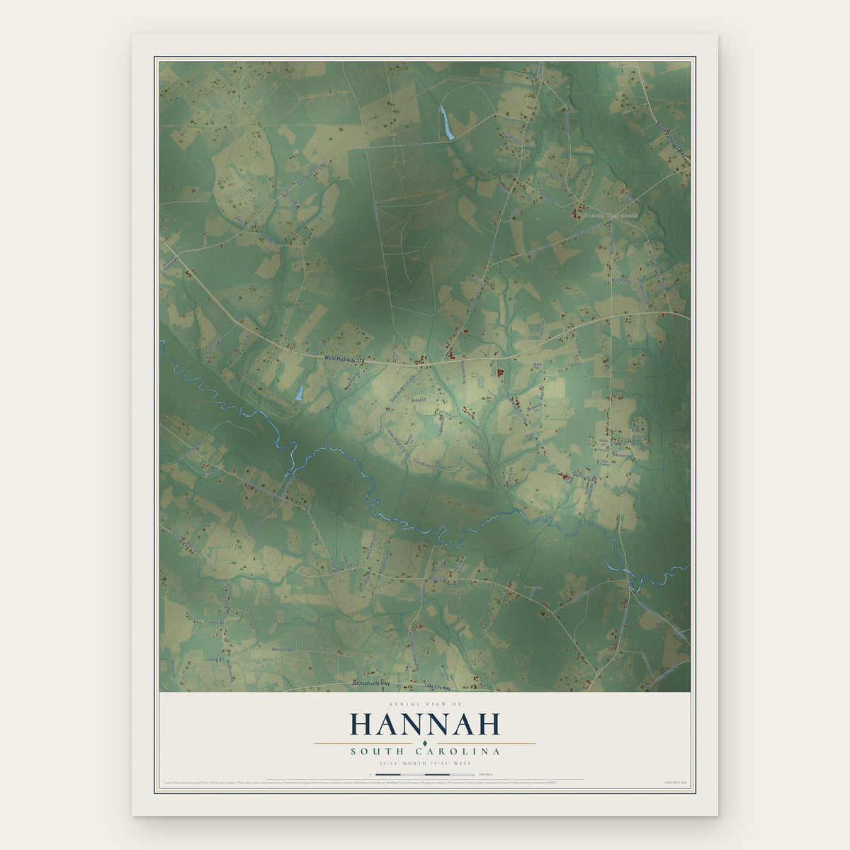 Hannah, South Carolina map print, the full design
