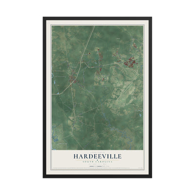 Map of Hardeeville, South Carolina, 12 x 18 inch print in a black wood frame