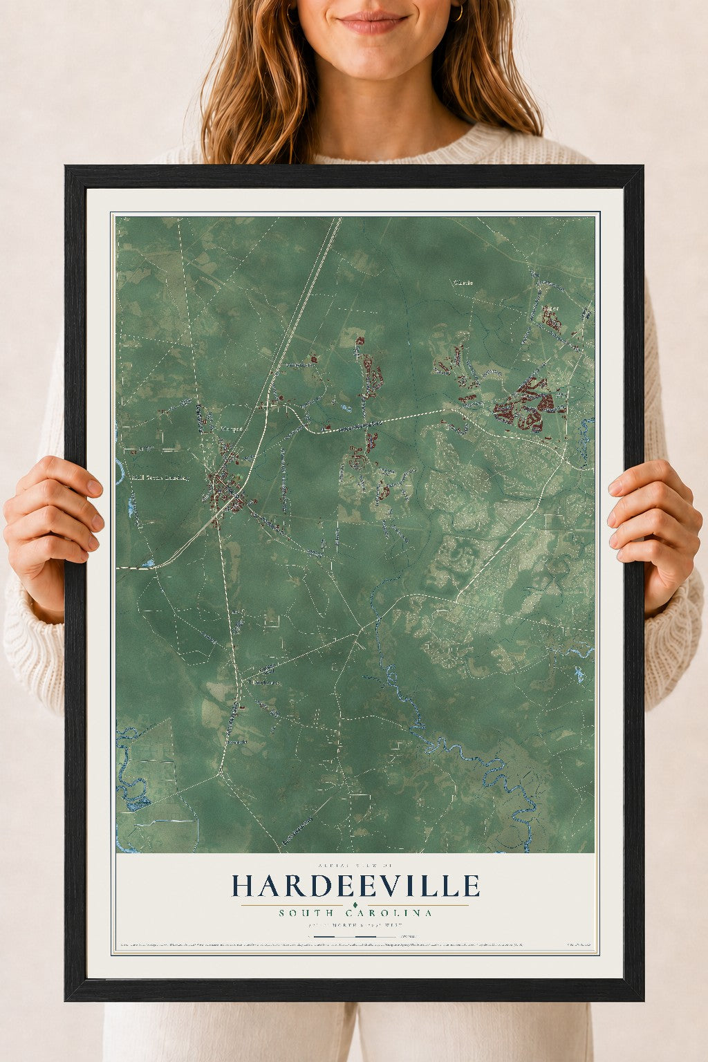 Map of Hardeeville, South Carolina, 18 x 24 inch print in a black wood frame