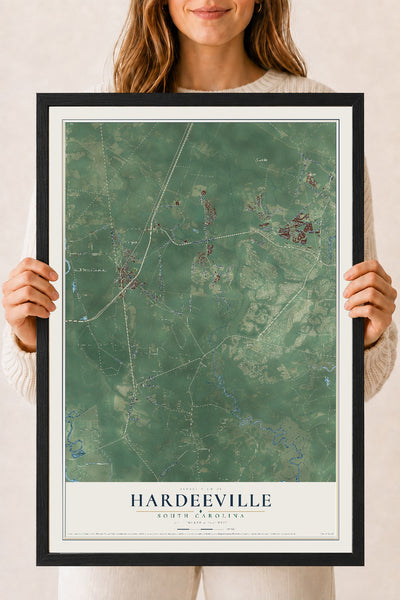 Map of Hardeeville, South Carolina, 18 x 24 inch print in a black wood frame