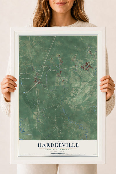 Map of Hardeeville, South Carolina, 18 x 24 inch print in a white wood frame